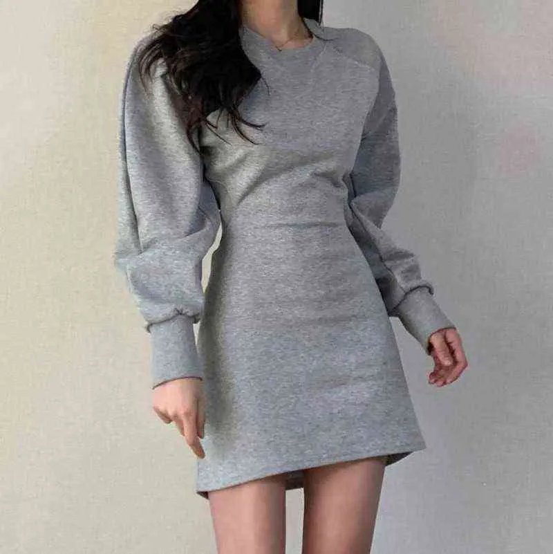 fashion Women Solid Grey Sexy Blackless Dresses Elegant Female Long Sleeves causal Party Club Dresses Female Vestidos 211108