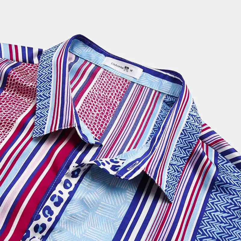 Retro Färgglada Striped Summer Mens Shirt Leopard Tryckt Patchwork Kortärmad T-shirts För Män Casual Button Camisas Hombre 210524