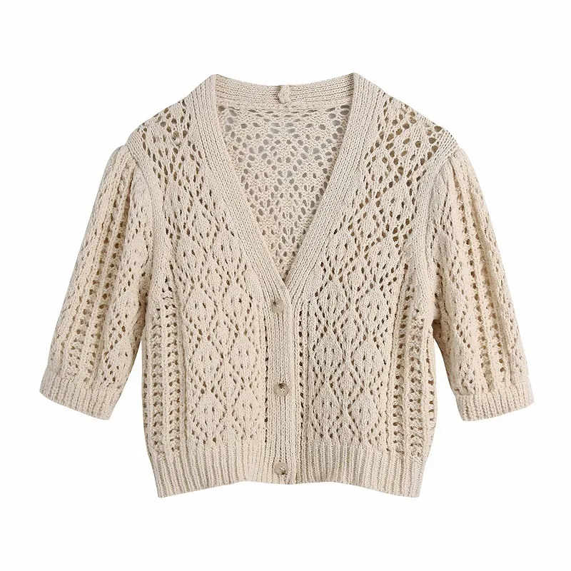 Vår sommar beige jacquard stickad beskuren cardigan kvinna tröja elegant kortärmad ruffle hem kvinnor toppar coats 210430