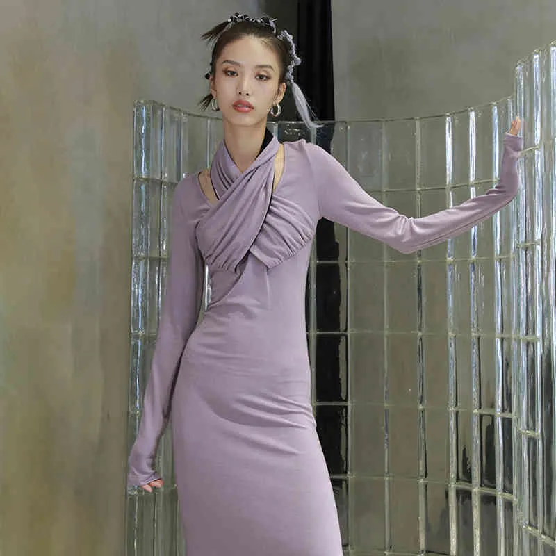 [EAM] Women Purple Knot Knitting Elegant Long Dress V-Neck Long Sleeve Loose Fit Fashion Spring Autumn 1DD0243 21512