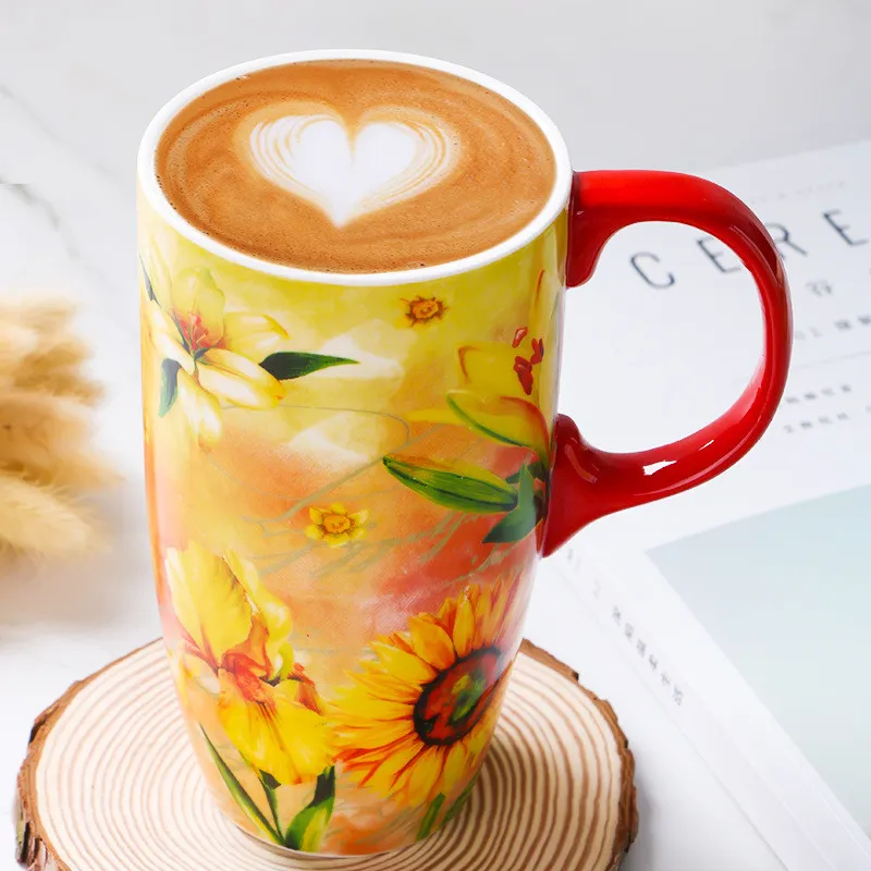 Tasses à café de voyage de grande capacité 500ML avec couvercle, papillons en céramique sur fleurs, tasse à thé au lait en porcelaine pour femmes, cadeau de Couple 259g