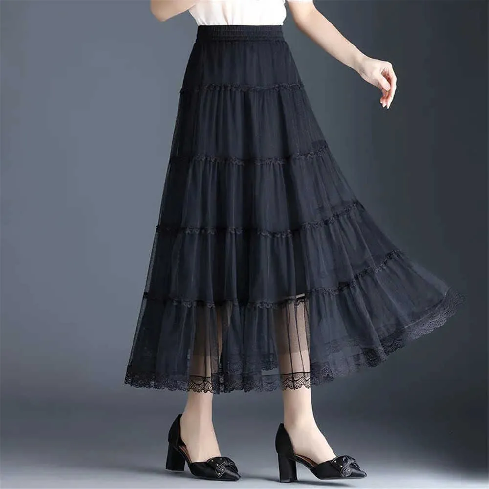 Vintage dentelle épissage maille longue jupe en tulle femmes coréenne élégante mode bureau d'été dame élastique taille haute jupe blanche noire 210619