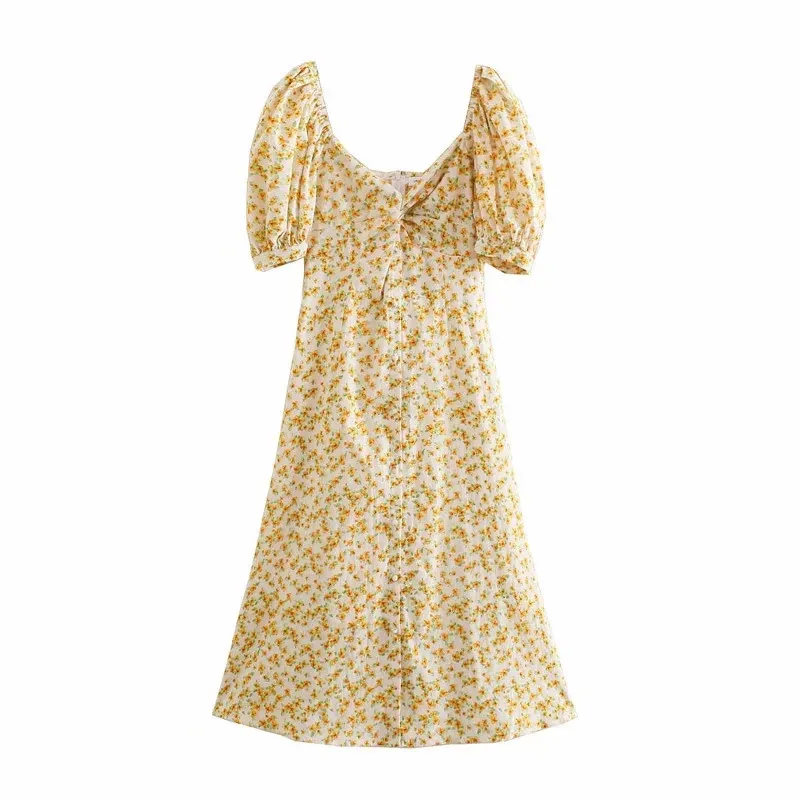 Robe Jaune Floral Midi Femmes Été Mode Bouton Noeud Cottagecore Manches Courtes Bouffantes Longue Femme es 210519