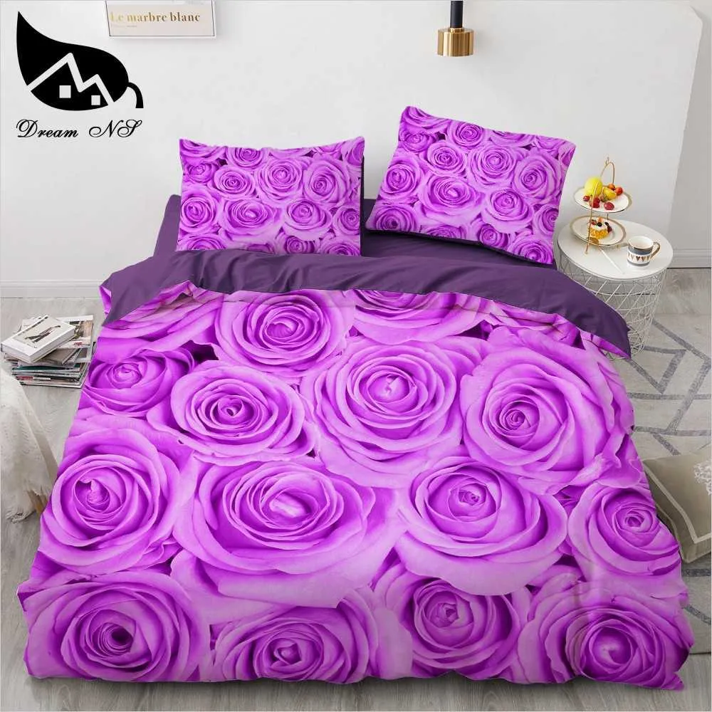 Droom NS Koop Nieuwe 3D Beddengoed Sets Reactieve Print Paars Rose Bloemen Patroon Dekbedovertrek Bed juego de cama H0913