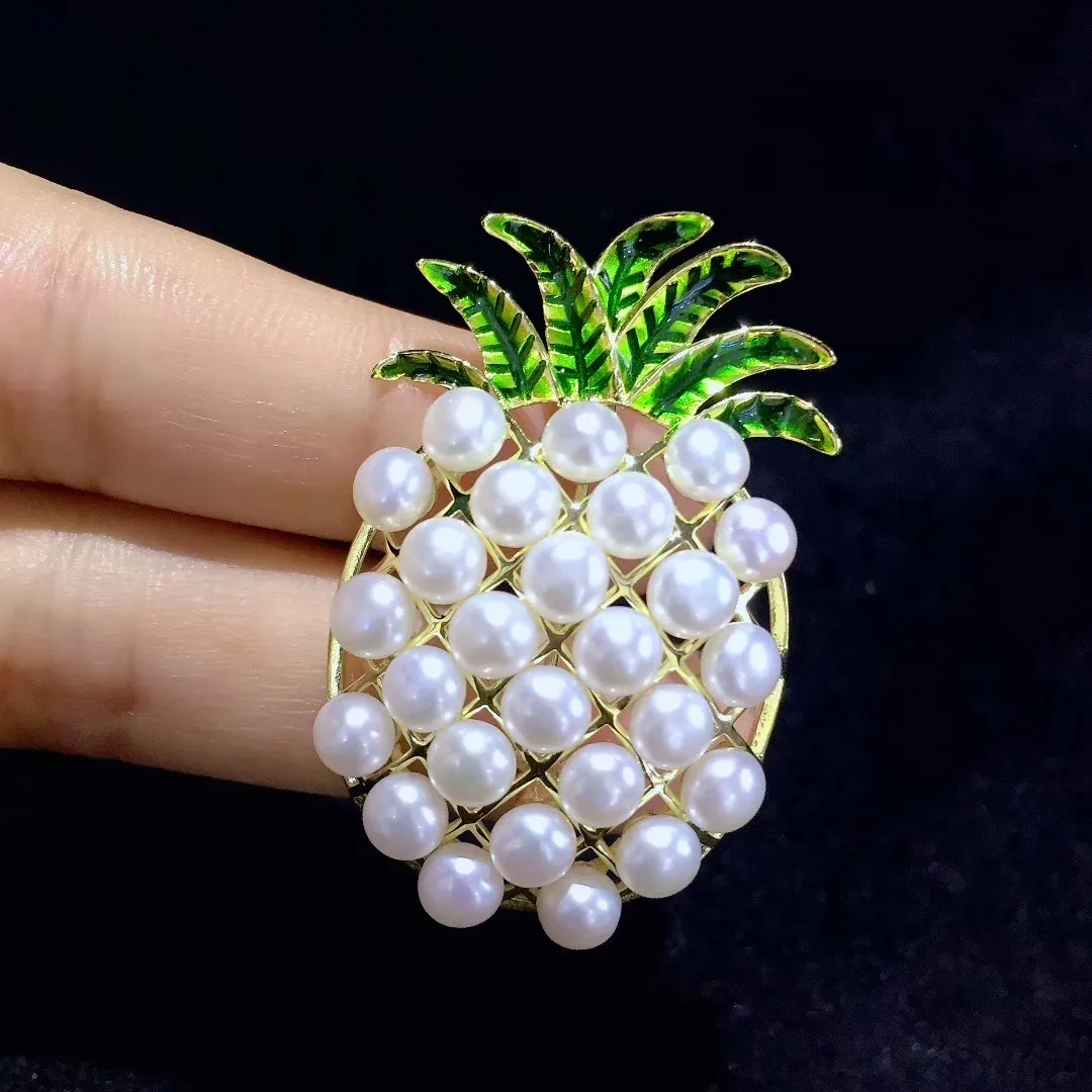 Natürliches Süßwasser Perlenfrucht Ananas Brosche Pins Fine Schmuck für Mädchen Frauen 925 Sterling Silber