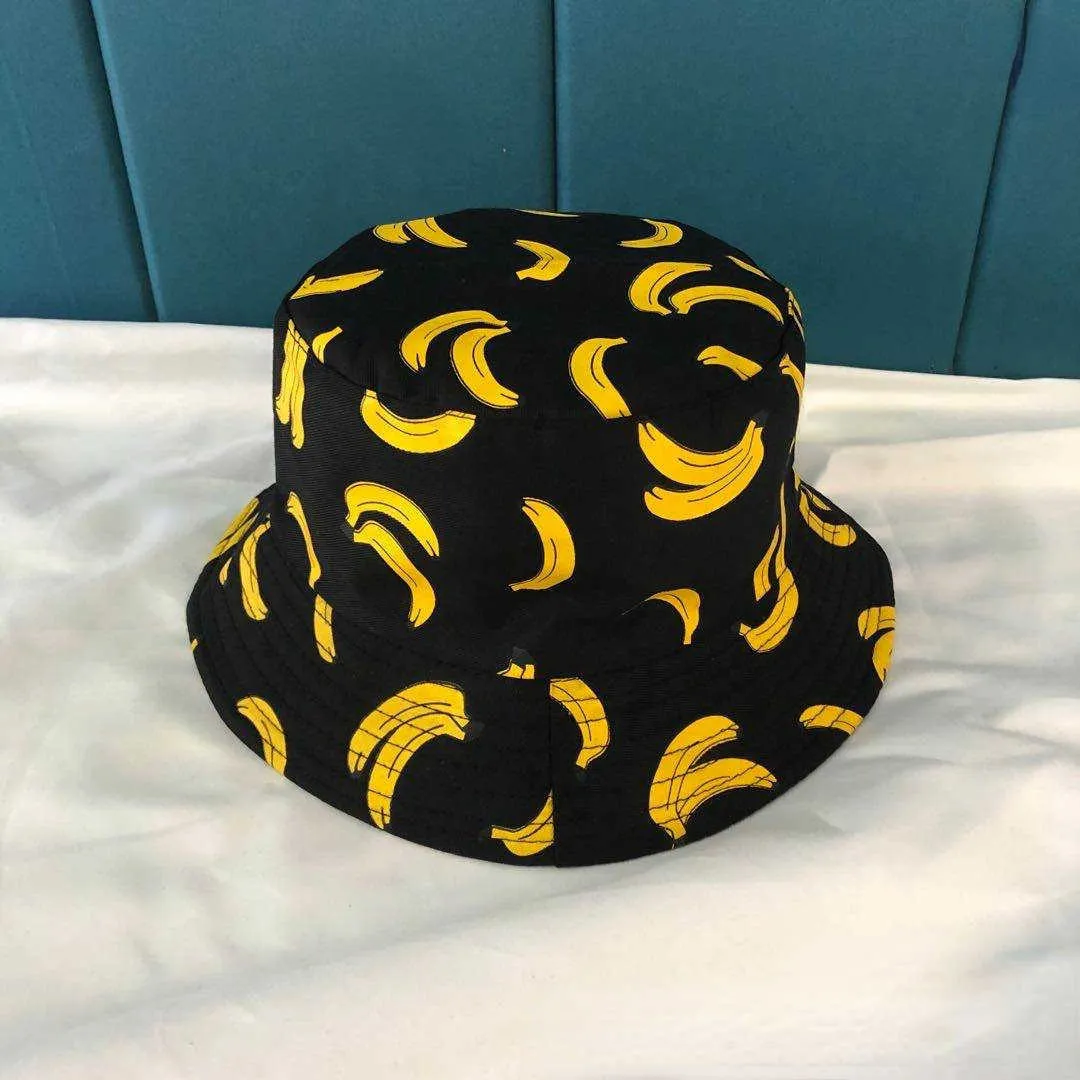 Banana Lemon Printed Double-Sided Bucket Hat Women Summer Cotton Fashion Panama Cap Sun Girls Fishing Black Fisherman's H237F