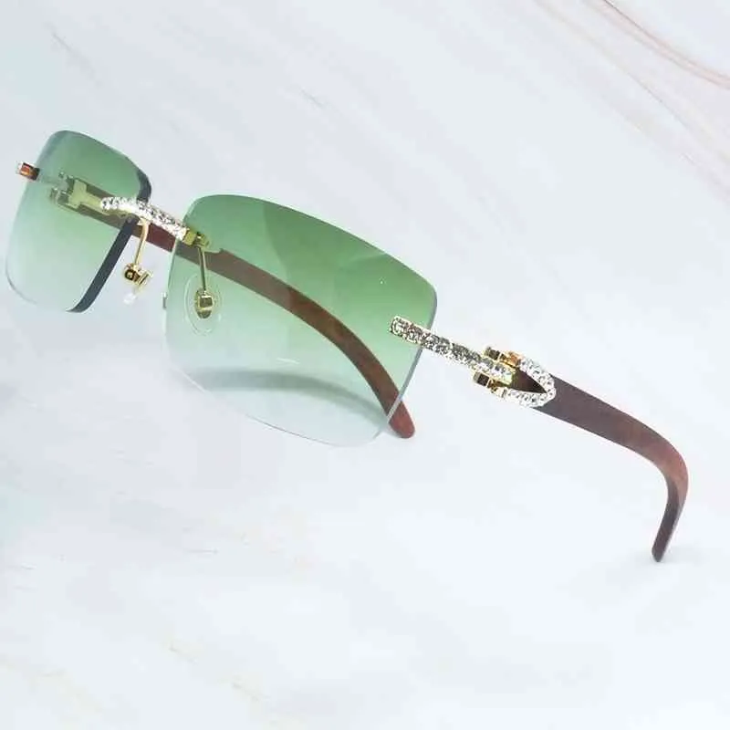 2024 FADE OFF UIT LUXE Designer Nieuwe heren- en dames zonnebril van houten mannen Strass Rimless Square Color Craved Wood Shades Iced Out Decoration Eyewear