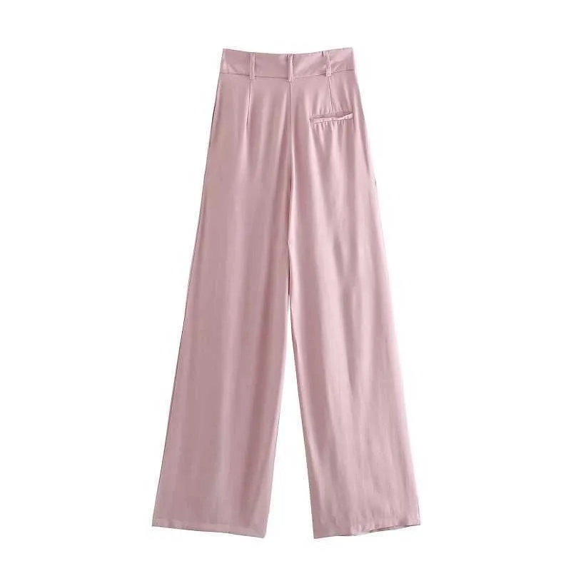 TRAF Za pantalon à jambes larges pour femmes rose été 2021 pantalon taille haute femmes pantalon large femme froncé Streetwear pantalon ample Q0801