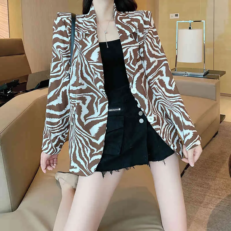 Spring Autumn Women's Jacket Korean Style Zebra Stripe Thin Long-sleeved Tailored Coat Casual Female Suit Jackets GX748 210507