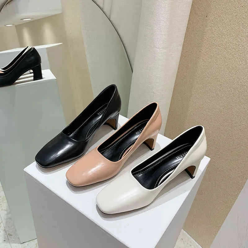 Zapatos de tacón a la moda para mujer, punta redonda, sin cordones, tacones medios gruesos, blanco/rosa/negro, zapatos de tacón elegantes para mujer, zapatos cómodos de oficina, 210513