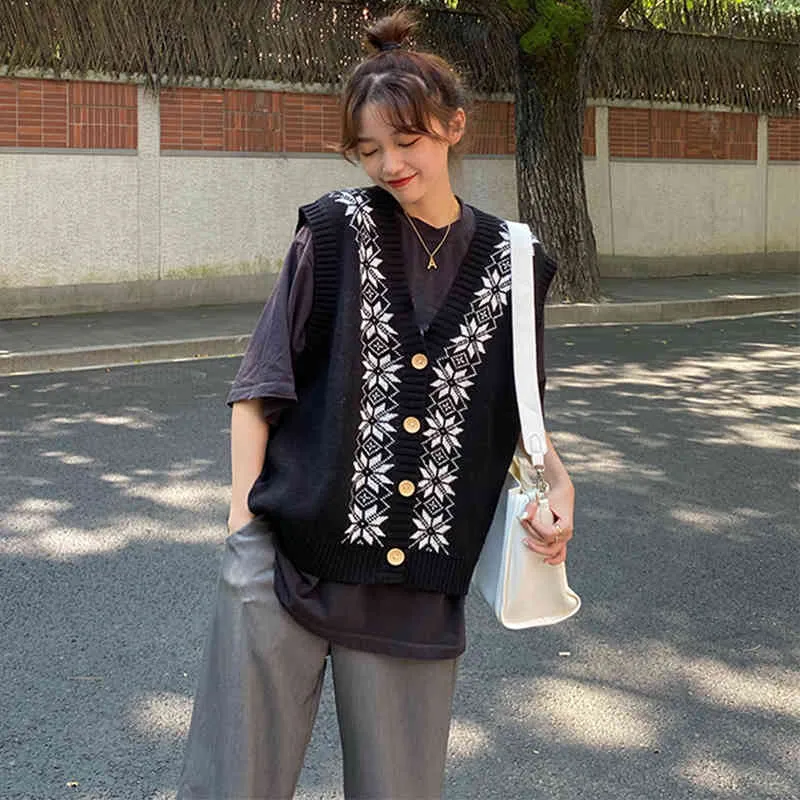 Korobov Nouvelle arrivée coréenne col en V sans manches pulls vintage harajuku streetwear tricots broderie fleur cardigans 210430