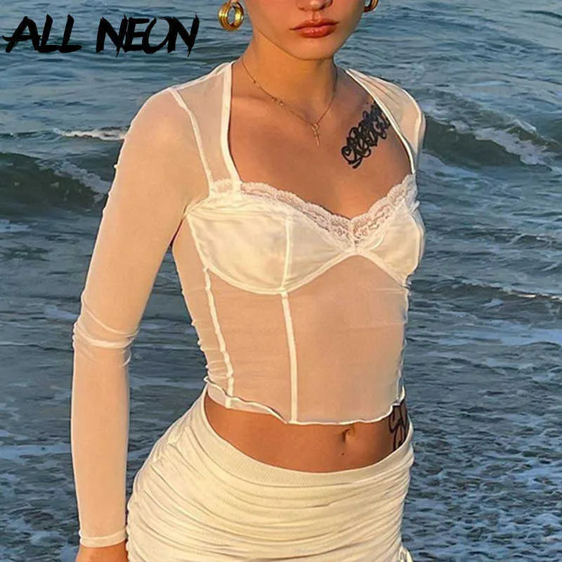 ALLNeon Fashion Y2K Lace Trim Mesh Crop Top 90s Estetica Patchwork Collo quadrato Manica lunga Bianco Sexy Tees Estate T-shirt Y0629