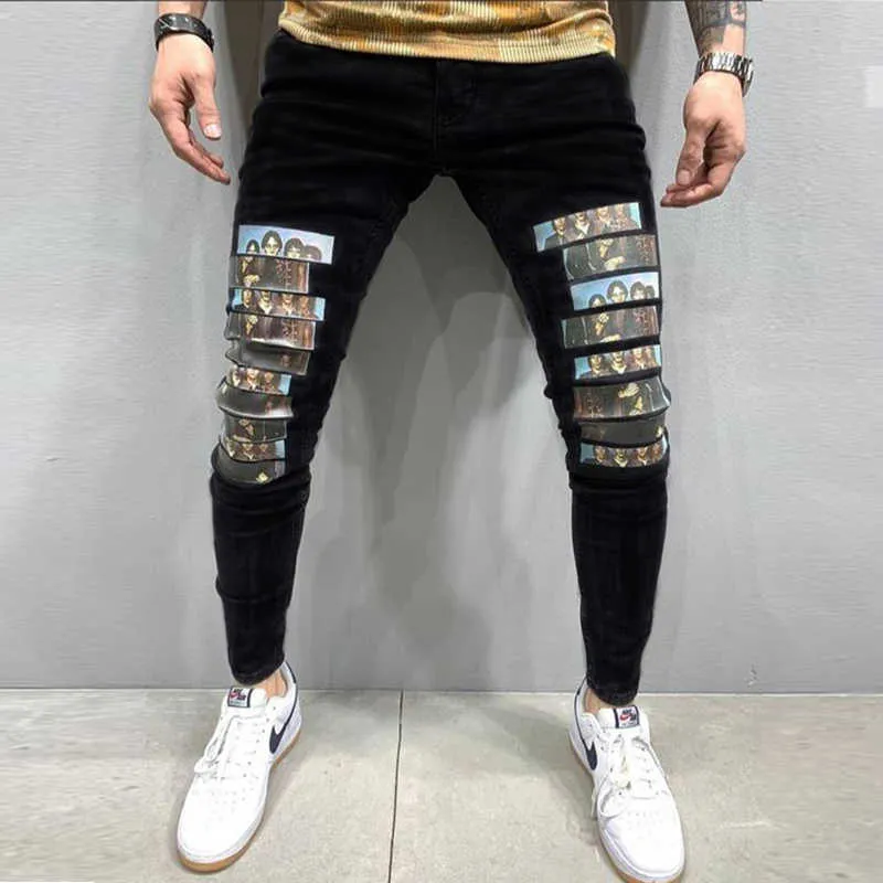 Män svart tvättade jeans mode personlighet biker slim denim byxor retro byxor skalle tryckt design street jeans 211011