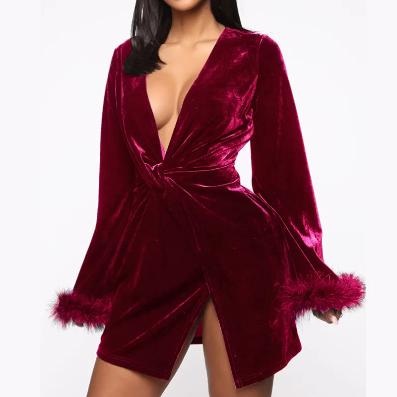 Women's Sexy Velvet Furry Cuff Vintage Dress Autumn Flared Sleeve Deep V-neck Irregular Party Elegant Mini Split Vestidos 210517