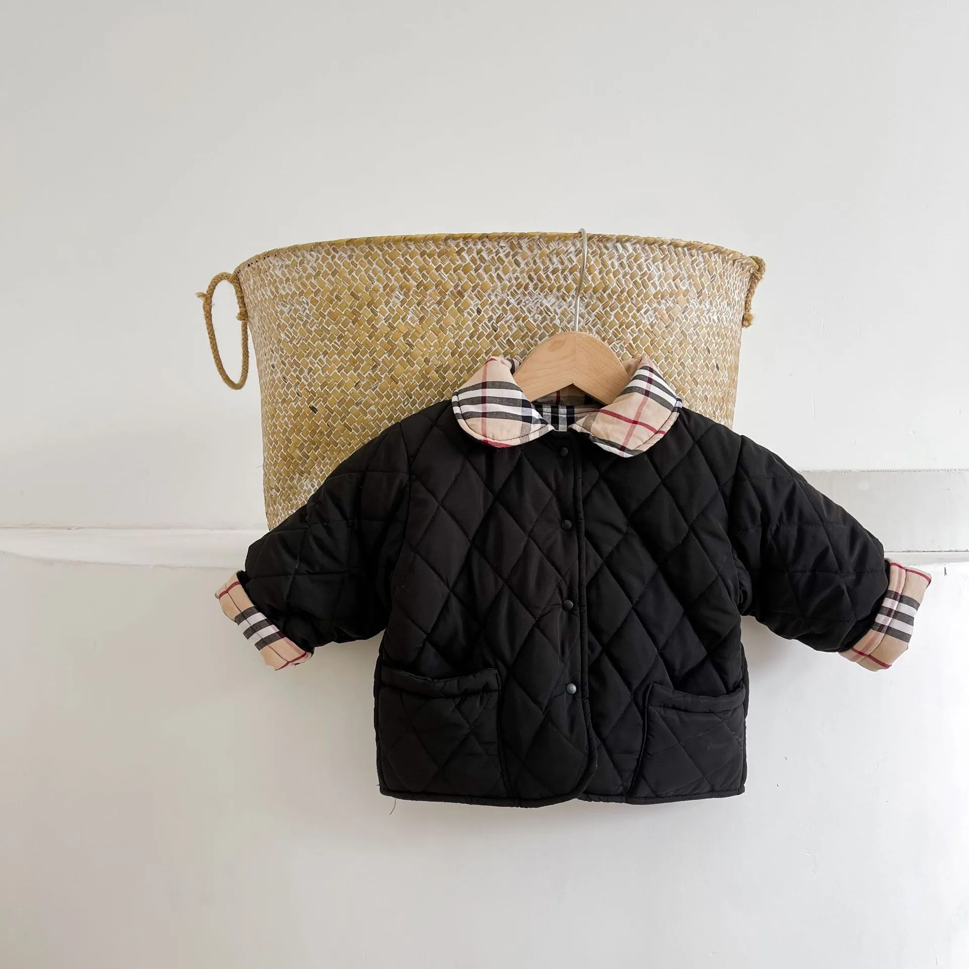 Vestes d'hiver pour bébés de 0 à 3 ans coupe-vent de couleur unie avec veste en coton veste de manteau à carreaux assortie