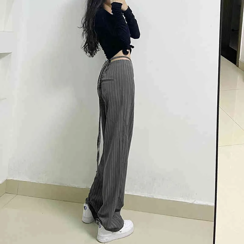 Casual rayé taille haute cordon de serrage Y2K pantalon de survêtement pantalon droit pour femmes mode streetwear dames pantalons lâches femme 210510