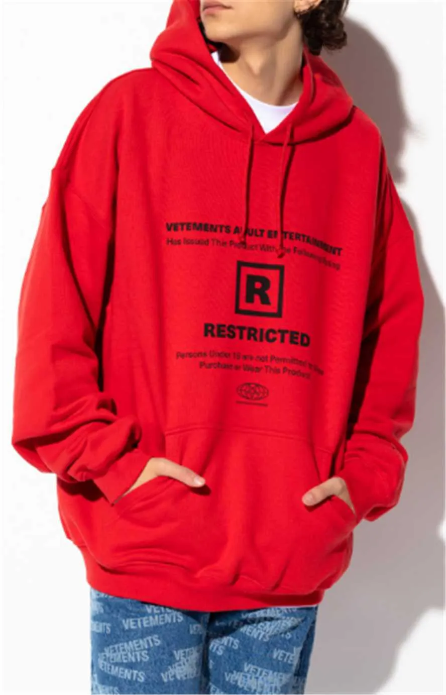 Red Vetements Hoodie 2021FW 남성 여성 고품질 R 인쇄 Vetements 스웨터 대형 VTM 풀오버 S0804