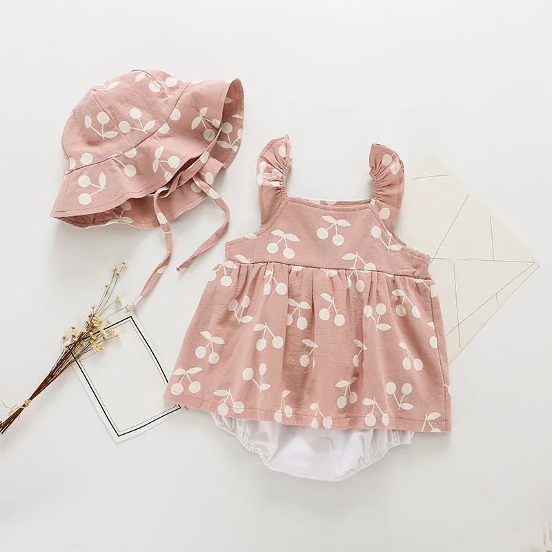 Sommar Baby Kläder Toddler Born Jumpsuit Fashion Söt Cherry Print Romper + Hat Girl Dress 210515