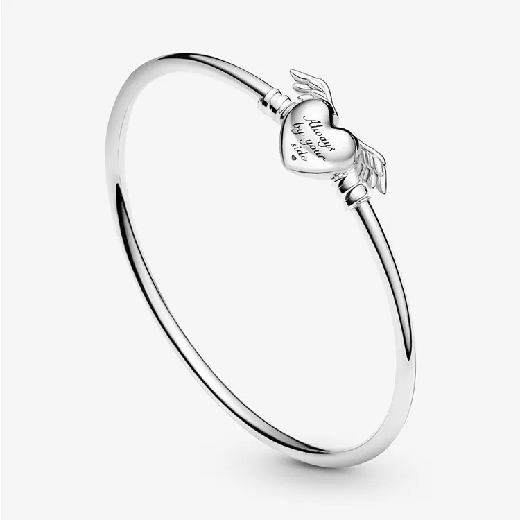 Hög polering 100% 925 Sterling Silver Angel Wings Heart Bangle Armband Fashion Jewelry Making For Women Gifts298m