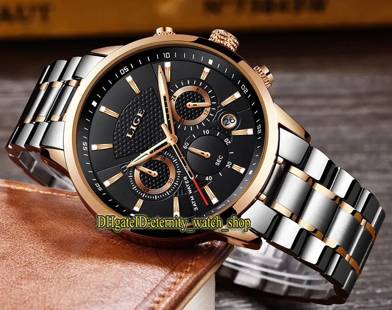 LIGE eternity LG9866 Sport Mens Watches Date Two Tone Dial Japan VK Quartz Chronograph Movement Men Watch alloy Case Black Bracelet