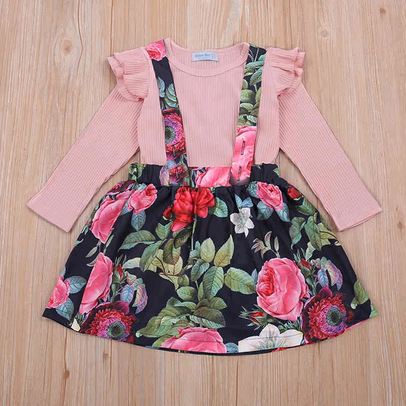 Baby meisjes kleding lente herfst sets lange mouwen shirt + bloemriem jurk kinderen set schattige kinderen 210515