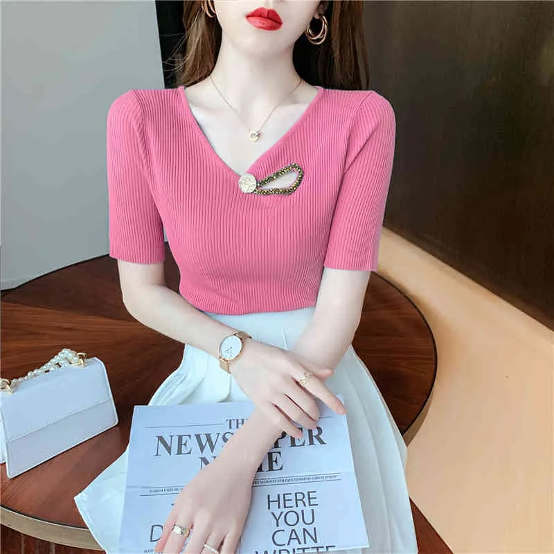 Slim Studded Short-Sleeved Sweater Women's Solid Färg Hedging Bottoming T-shirt Sommar Koreansk Mode Kläder 210520
