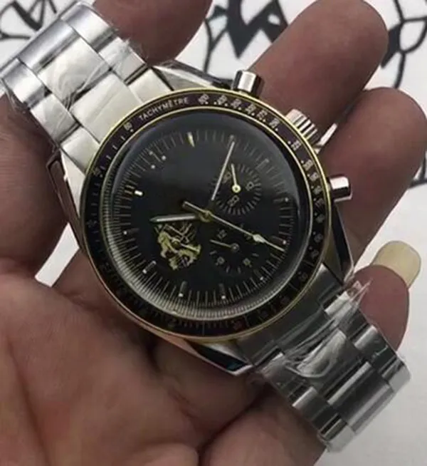 Montre noire en acier inoxydable Mouvement chronographe à quartz Moonwatch Apollp 11 50e anniversaire Édition limitée Montres-bracelets pour hommes2419