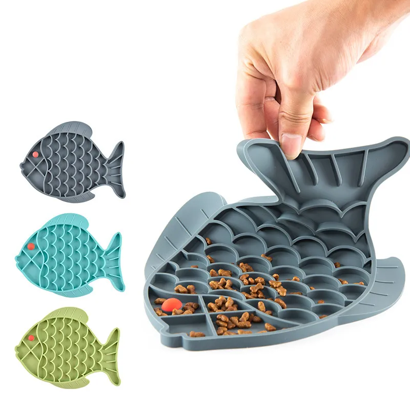 Fisch Form Silikon Schüssel Hund Lecken Matte Langsame Fütterung Schüssel Für Kleine Mittelgroße Hunde Welpen Katze Treat Feeder Dispenser Pet liefert