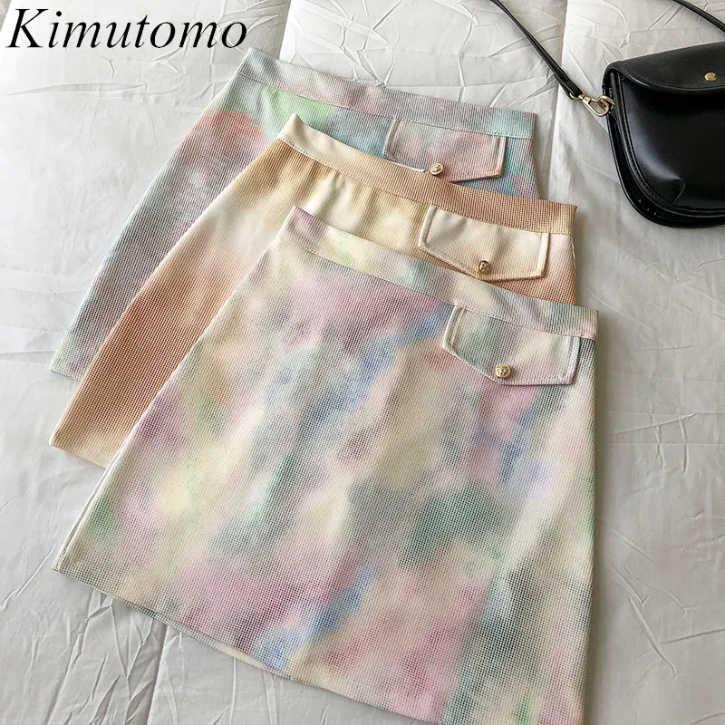 Kimutomo elegante meisjes stropdas dye mini rok lente zomer vrouwen hoge taille Koreaanse stijl zak knop A-lijn rok casual 210521
