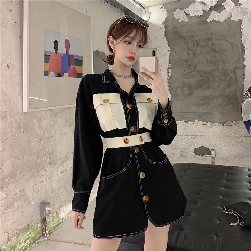 Korobov Streetwear Hit Farbe Patchwork Kleid Vintage Umlegekragen Sommerkleider Koreanische Chic Slim A-Line Vestidos Femme 210430
