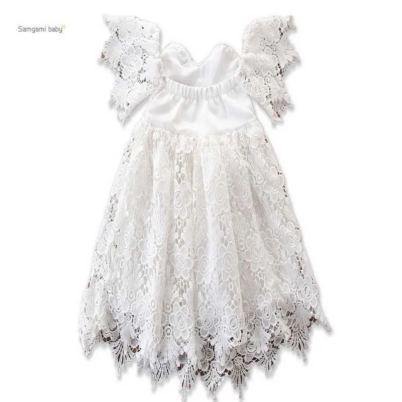 Wyprzedaż letnia dziewczyna sukienka haft koronki z ramienia białego flare rękaw księżniczki odzież dziecięcy E93007 210610