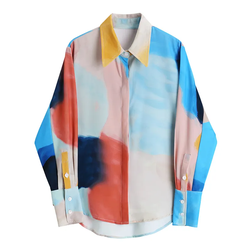 Koreanische Chic Casual Tie-dye Ölgemälde Revers Wilden Langarm-shirt Top Frauen Sommer plus größe blusas 16W1065 210510