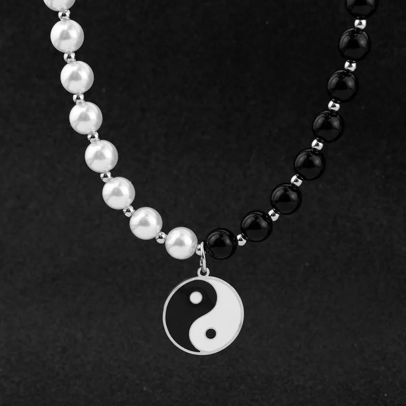 Chaines Collier en acier inoxydable Tai Chi Disc Pendant Black and White Pearl Long Punk Fashion For Men Wom290L