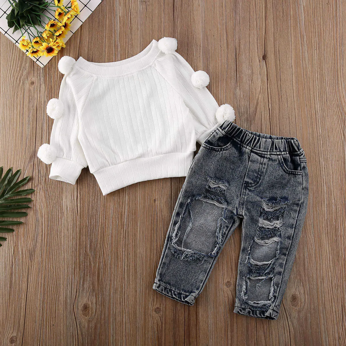 Pudcoco toddler baby flicka kläder solid färg hår boll tröja toppar rippade denim långa byxor outfits bomull kläder set x0902