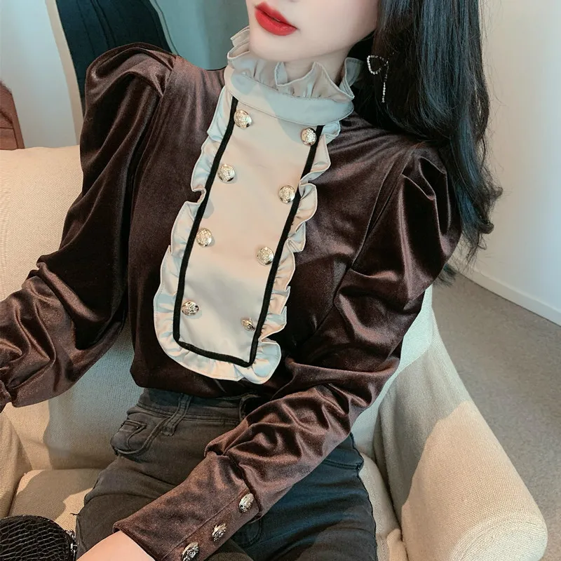 Ezgaga Vintage Long Sleeve Women Blouse Velour Korean Ruffles Patchwork Slim Button Elegant Shirts Female Stand Collar Blusas 210430