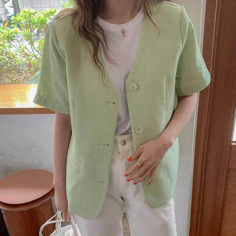 コレヒパアの女性のジャケット夏の韓国シックな女性フレッシュグリーンVネックルーズスリーボタン薄いリネンコットン半袖ブレザー210526