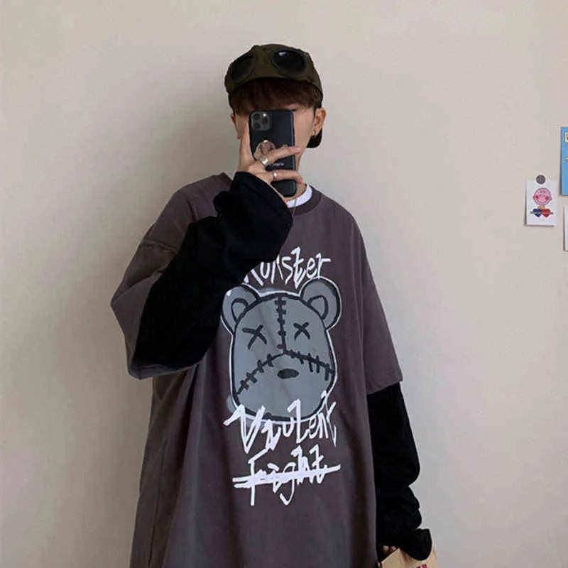 2021 곰 프린트 티셔츠 느슨한 인쇄 바닥 셔츠 청소년 힙합 커플 옷 ins 학생 의류 재미있는 일본 탑스 남성 H1230