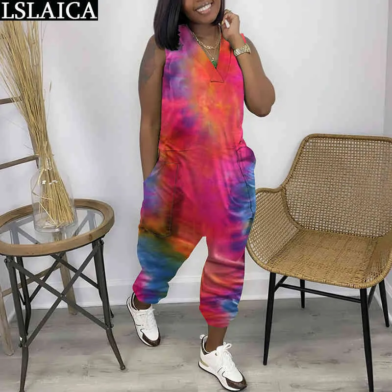 Kvinnors Overaller För Sommar Ärmlös Hög Midja Tie-Dye Print Jumpsuit Kvinnor Elegant Party Fickor Zipper Design Romper 210520