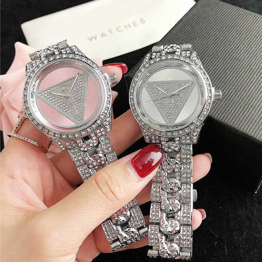 Märke tittar på kvinnor lady girl diamant crystal triangel fråga märke style metall stål band kvarts handleds klocka gs 43332f