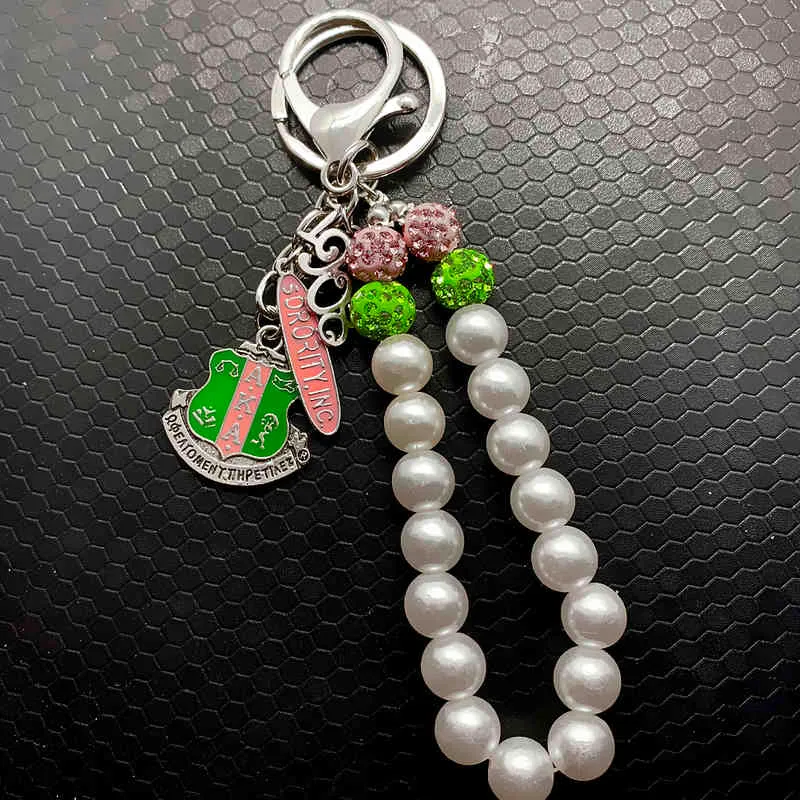 arrival pink green sorority ALPHA society enamel pendant metal keychain simulation pearl chain key ring