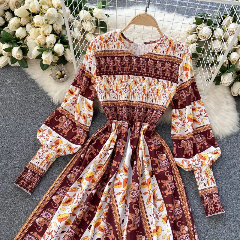 Mode Temperament Frühling Ethnischen Stil Frauen Urlaub Vestidos Kampf Stretch Slim Midi Print Große Schaukel Kleid GK023 210507