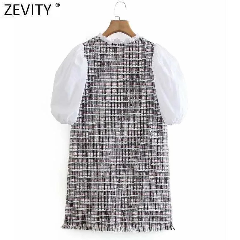 Zevity mujeres vintage puff manga patchwork tweed lana recto mini vestido femenino chic borla bolsillo parche retro vestido DS8134 210603