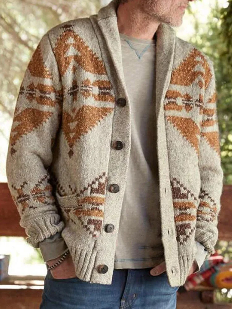 Жаккардовый свитер мужская осень зима геометрический мужской кардиган повседневная верблюда волосы ребристые подол мужчины мужские негабаритные теплые куртки 210524