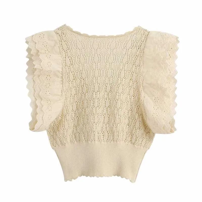 Kvinnor Fashion Hollow Out Lace Broderi Patchwork Stickad Casual Slim Tunn Sweater Ladies Sweet Buttons Sweater Tops S257 210603