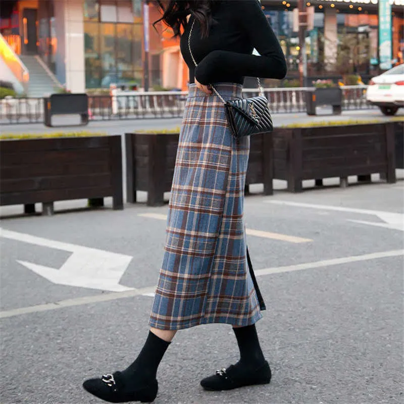 Plus Size High Waist Midi Long Wool Plaid Skirt For Women Winter Warm Elegant Office Lady Vintage Autumn Maxi s 210629