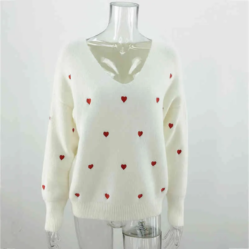 Herzdruck V-Ausschnitt gestrickt übergroße lässige Pullover Pullover Frauen weiß Winter warm Vintage Pullover 210427