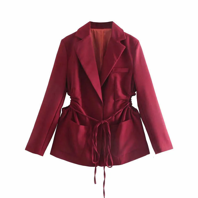 Za Cut Out Long Blazer Women Vintage Shoulders Pads Ruched Red Office Lady Blazers Coat Woman Self Tie Summer Outerwear Top 210602