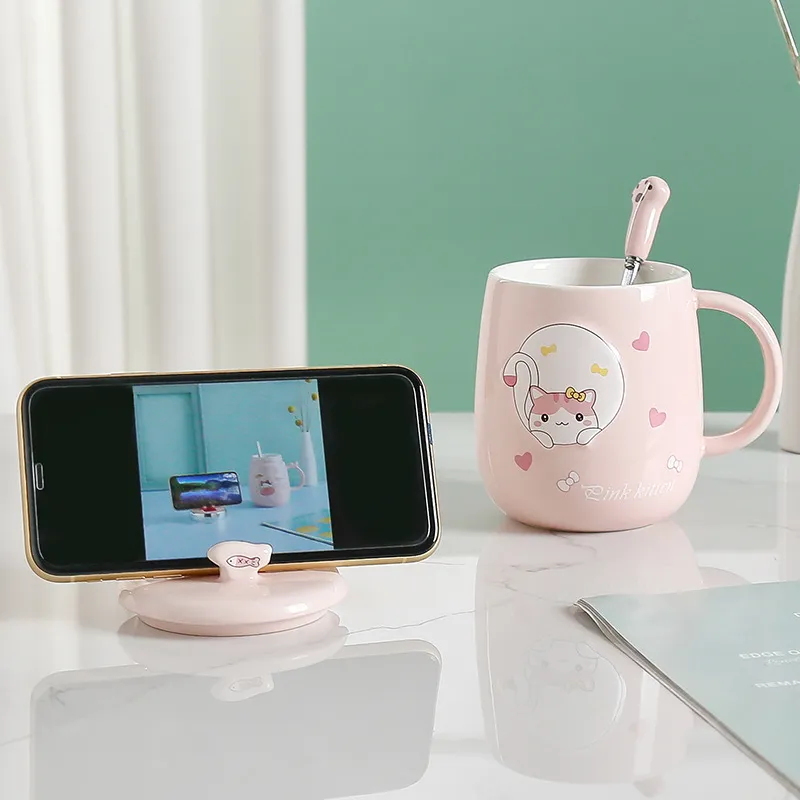 Tazza porta cellulare con coperchio Cucchiaio personalità creativa Cartoon Cat Ceramic Office Ins Home Coffee Cup