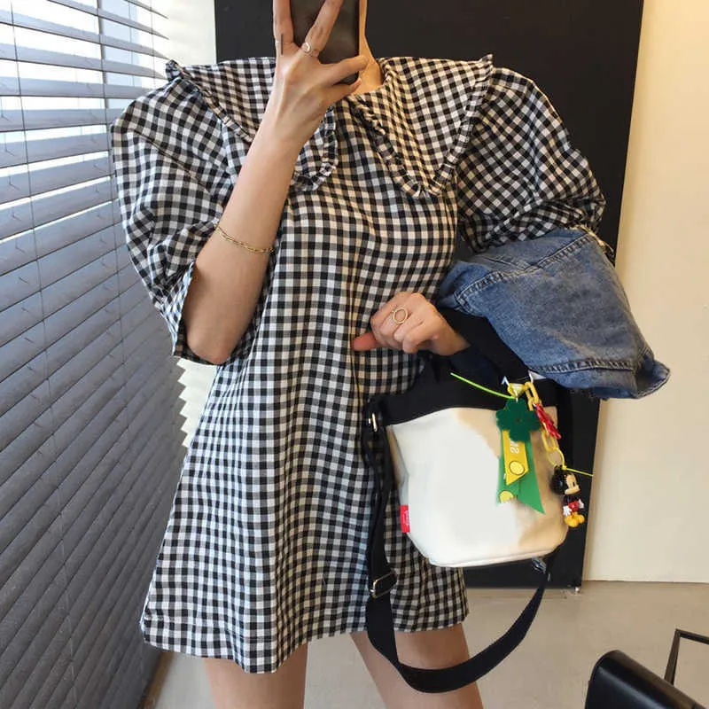 Korejpaa Women Dress Summer Korean Chic Girls Western Style Young Ears Colletto bambola Ampia manica a sbuffo allentata Plaid Vestidos 210526