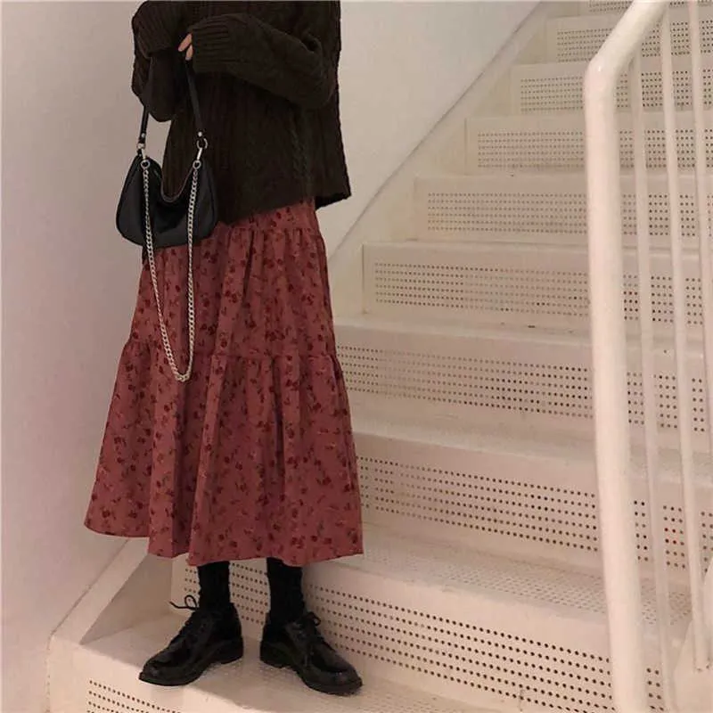 Corduroy High Waist Winter Long Skirts A-line Women Flower Print Maxi Female Vintage pleated Cute Girls Streetwear 210629